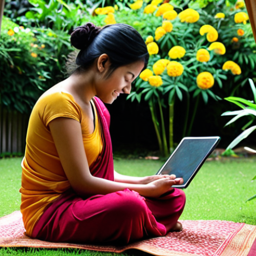 Home 16 **Prompt 1: The Digital Overwhelm vs. Peaceful Disconnection**
A person, appearing stressed and overwhelmed, sits hunched over a laptop at a home desk, their face illuminated by multiple glowing screens (phone, tablet also visible), surrounded by constant notification pop-ups. In stark contrast, a serene, calm version of the same person is shown on the other side of the frame, smiling and relaxed, either meditating in a lush green garden filled with vibrant flowers or enjoying a cup of chai in a quiet, traditional South Asian-style reading nook, with no electronic devices in sight. The overall mood should highlight the stark difference between frantic digital entanglement and peaceful, unplugged tranquility. High detail, expressive faces, vivid colors.