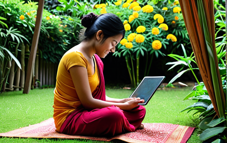 **Prompt 1: The Digital Overwhelm vs. Peaceful Disconnection**
A person, appearing stressed and overwhelmed, sits hunched over a laptop at a home desk, their face illuminated by multiple glowing screens (phone, tablet also visible), surrounded by constant notification pop-ups. In stark contrast, a serene, calm version of the same person is shown on the other side of the frame, smiling and relaxed, either meditating in a lush green garden filled with vibrant flowers or enjoying a cup of chai in a quiet, traditional South Asian-style reading nook, with no electronic devices in sight. The overall mood should highlight the stark difference between frantic digital entanglement and peaceful, unplugged tranquility. High detail, expressive faces, vivid colors.