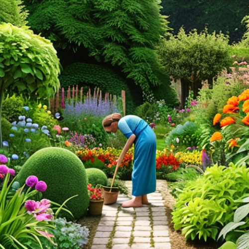 Home 15 **A serene garden scene:** A person tending to a lush garden with vibrant flowers, embodying peace and a connection to nature.