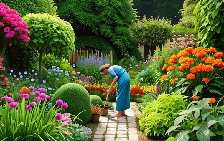 **A serene garden scene:** A person tending to a lush garden with vibrant flowers, embodying peace and a connection to nature.