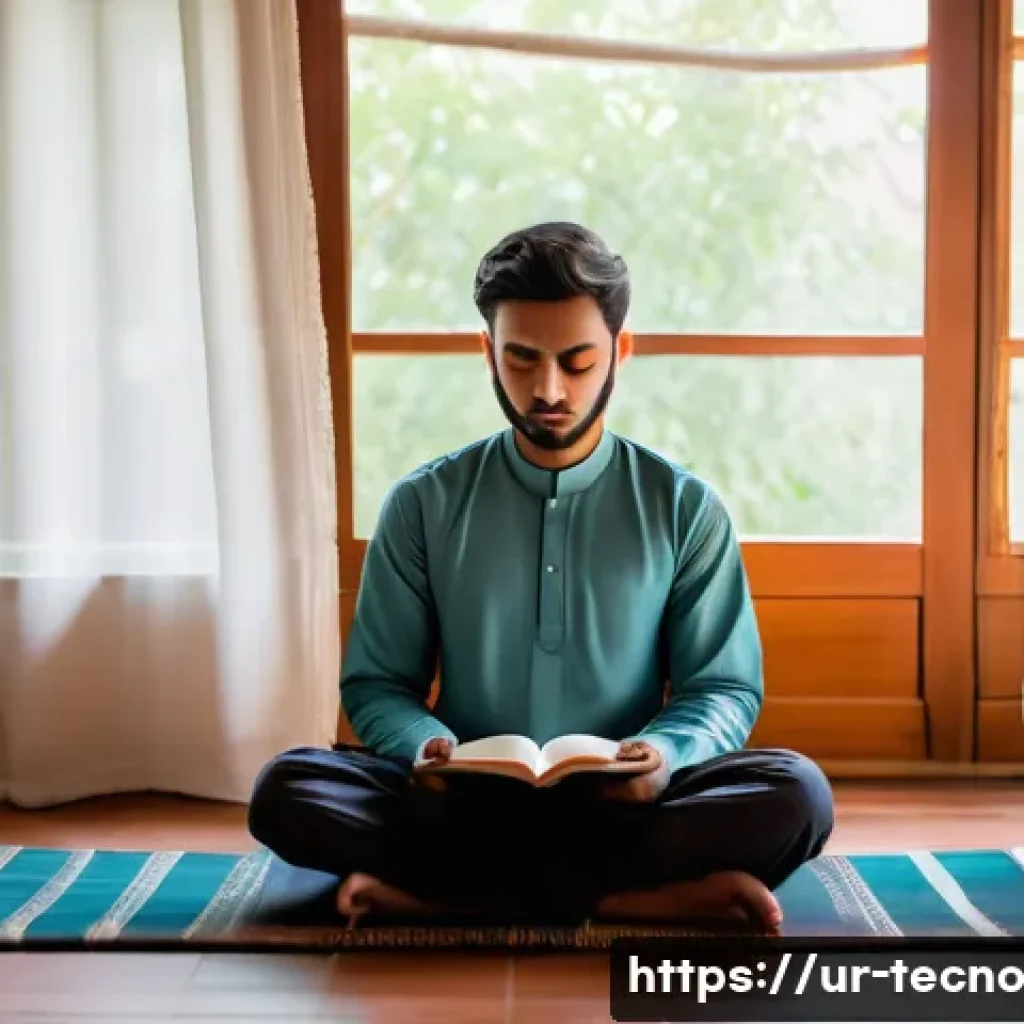 테크노 사바티컬을 위한 시간 관리 팁 - A serene morning routine scene in a traditional Pakistani home: a young adult male wearing comfortab...