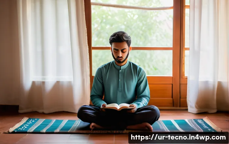 테크노 사바티컬을 위한 시간 관리 팁 - A serene morning routine scene in a traditional Pakistani home: a young adult male wearing comfortab...