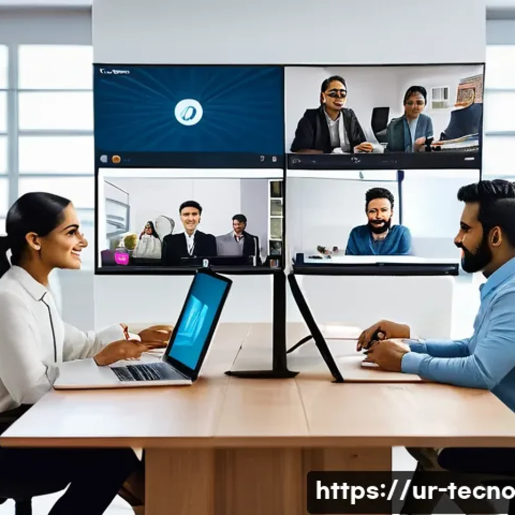 테크노 사바티컬 중 관찰한 글로벌 변화 - A modern home office scene showing a diverse group of professionals engaged in a virtual meeting via...