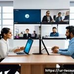 Home 19 테크노 사바티컬 중 관찰한 글로벌 변화 - A modern home office scene showing a diverse group of professionals engaged in a virtual meeting via...