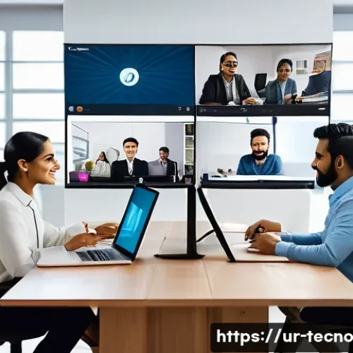 Home 31 테크노 사바티컬 중 관찰한 글로벌 변화 - A modern home office scene showing a diverse group of professionals engaged in a virtual meeting via...