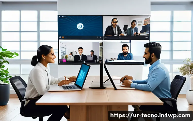 테크노 사바티컬 중 관찰한 글로벌 변화 - A modern home office scene showing a diverse group of professionals engaged in a virtual meeting via...