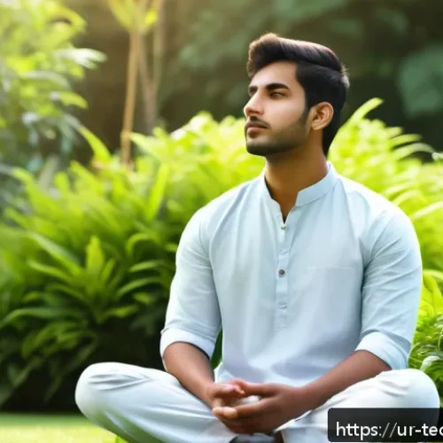 Home 30 테크노 사바티컬을 위한 성공 스토리 - A serene outdoor scene showing a young South Asian man sitting peacefully in a quiet garden surround...