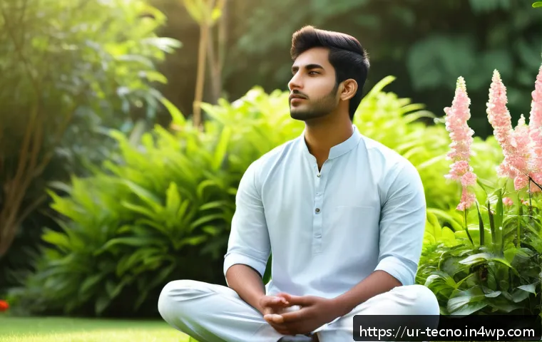 테크노 사바티컬을 위한 성공 스토리 - A serene outdoor scene showing a young South Asian man sitting peacefully in a quiet garden surround...