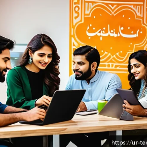 Home 17 테크노 사바티컬을 위한 마케팅 전략 - A vibrant digital marketing office scene in Karachi featuring a diverse team of young Pakistani prof...