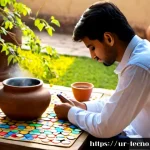 테크노 사바티컬과 목표 설정 - Photorealistic quiet morning in a Lahore courtyard garden, a young Pakistani professional in modest ...