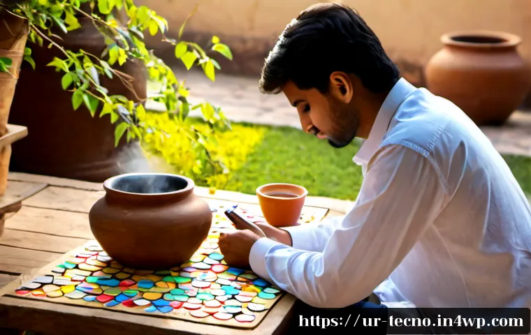 테크노 사바티컬과 목표 설정 - Photorealistic quiet morning in a Lahore courtyard garden, a young Pakistani professional in modest ...